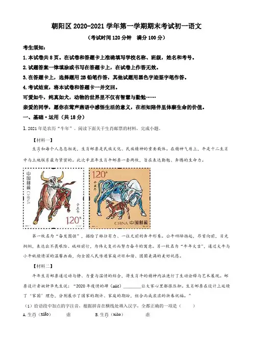 北京市朝阳区2020-2021学年七年级上学期期末语文试题(解析版)