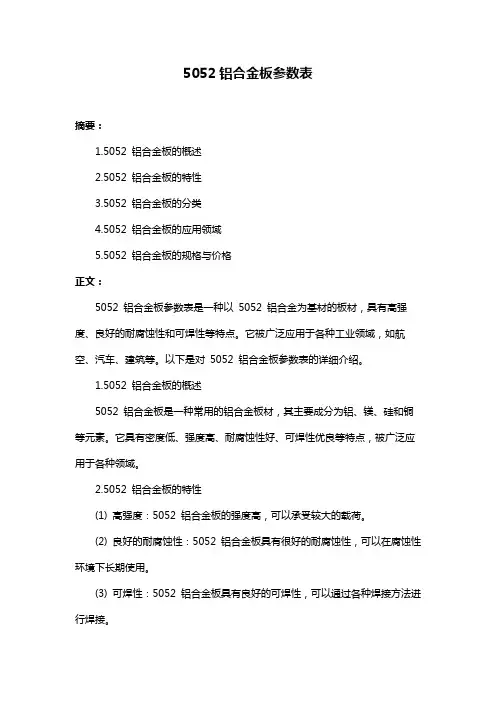 5052铝合金板参数表