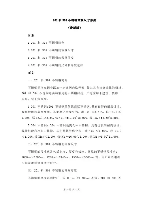 201和304不锈钢常规尺寸厚度