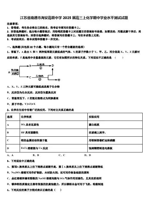 江苏省南通市海安高级中学2025届高三上化学期中学业水平测试试题含解析