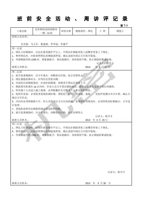 班前安全活动周讲评记录钢筋工