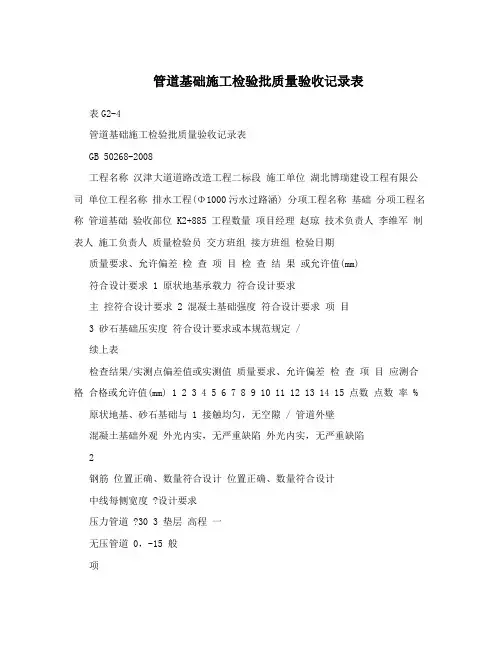 管道基础施工检验批质量验收记录表