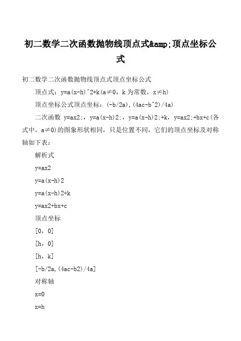 初二数学二次函数抛物线顶点式&顶点坐标公式