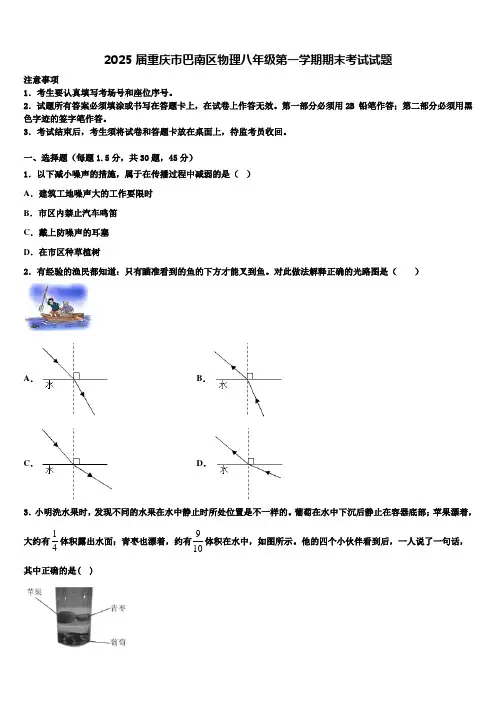 2025届重庆市巴南区物理八年级第一学期期末考试试题含解析