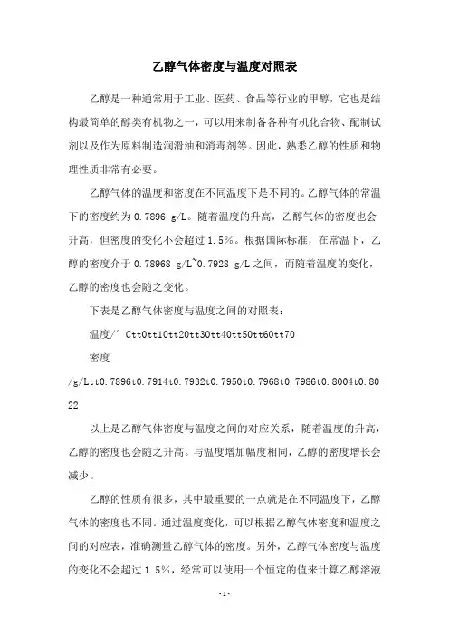 乙醇气体密度与温度对照表