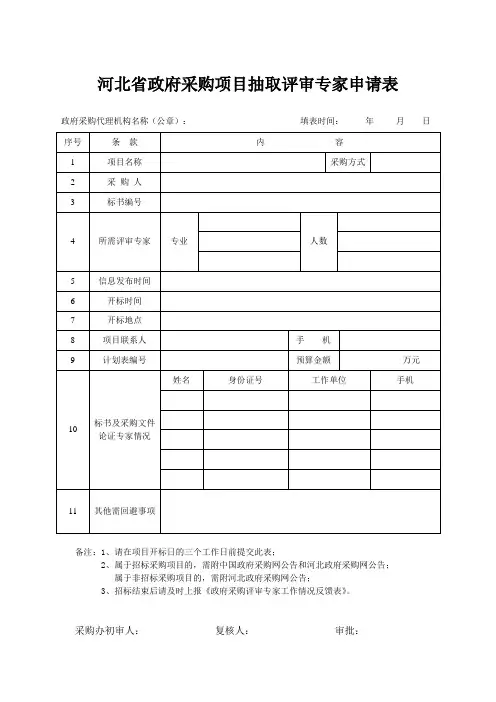 河北省政府采购项目抽取评审专家申请表