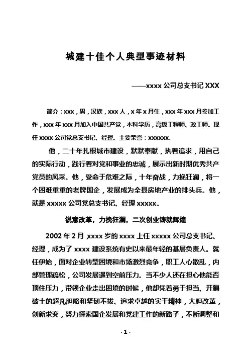 城建十佳个人事迹材料