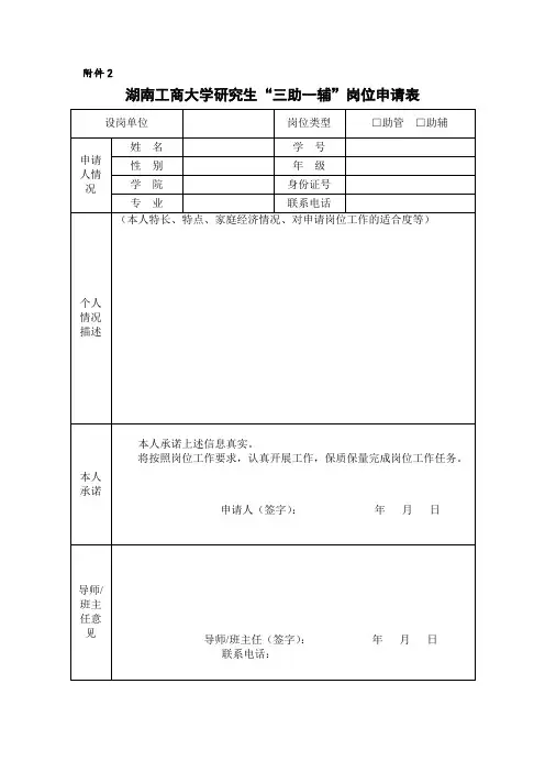 湖南工商大学研究生“三助一辅”岗位申请表