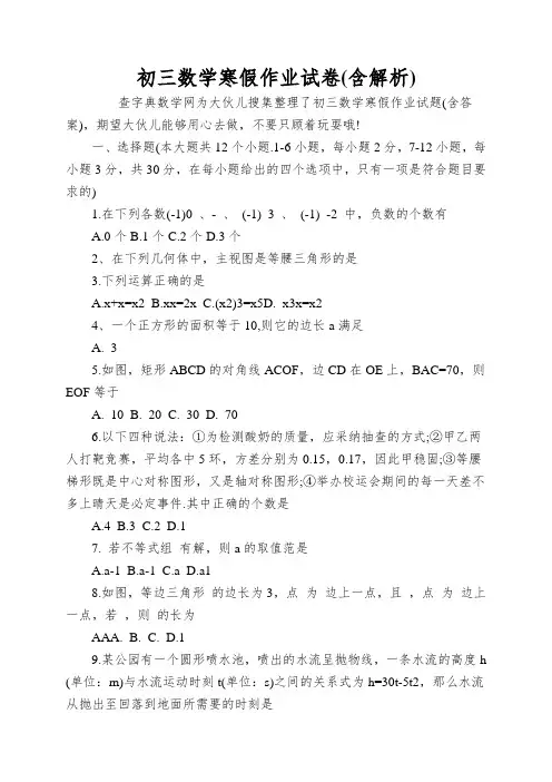 初三数学寒假作业试卷(含解析)