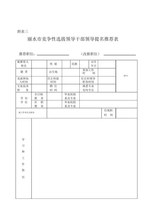 丽水市竞争性选拔领导干部领导提名推荐表