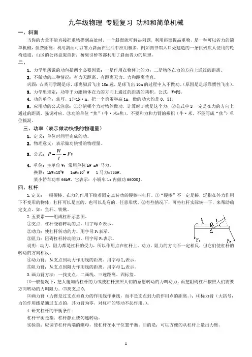 九年级物理 专题复习 功和和简单机械