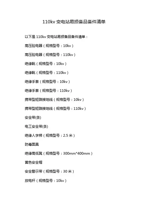 110kv变电站易损备品备件清单
