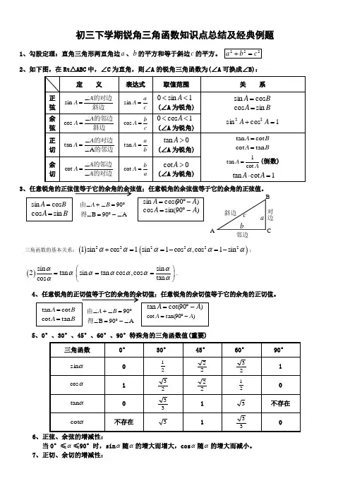 初三下学期锐角三角函数知识点总结及经典例题