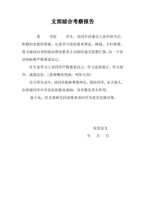党支部综合考察报告模板 