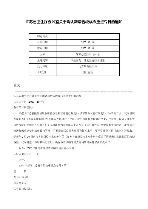 江苏省卫生厅办公室关于确认新增省级临床重点专科的通知-苏卫办医[2007]18号