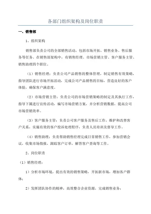各部门组织架构及岗位职责