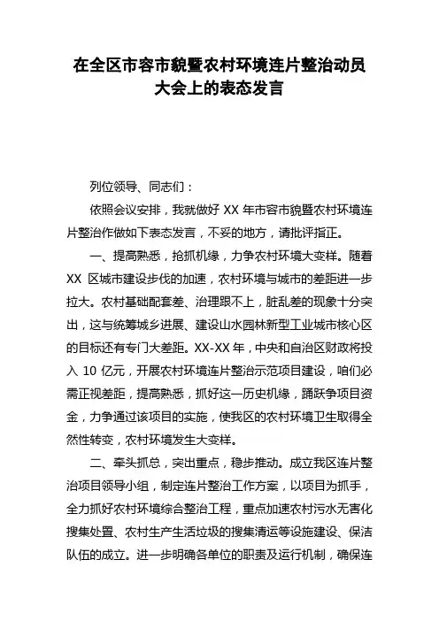 在全区市容市貌暨农村环境连片整治动员大会上的表态发言