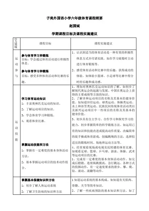 六年级体育课程纲要