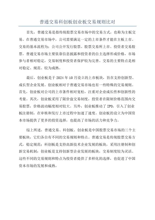 普通交易科创板创业板交易规则比对