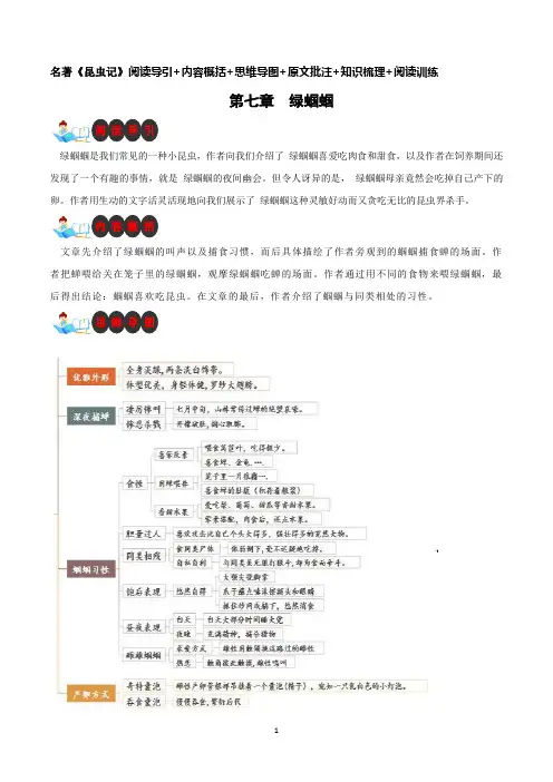 第七章 绿蝈蝈-名著《昆虫记》阅读导引+内容概括+思维导图+原文批注+知识梳理+阅读训练