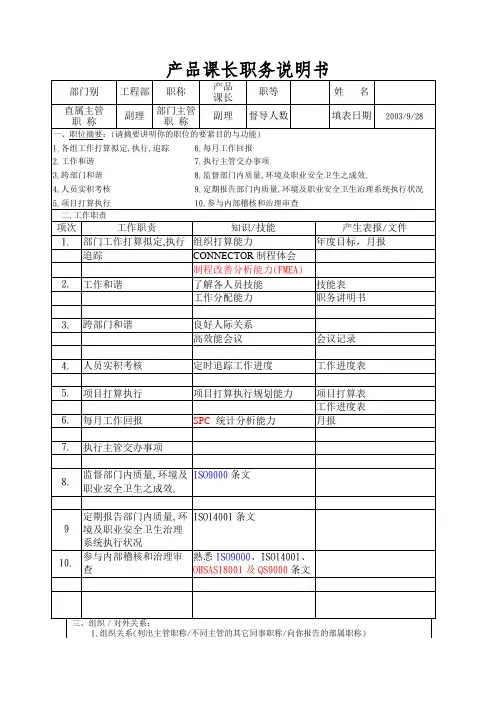 产品课长职务说明书
