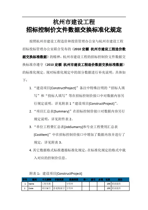 杭州市建设工程招标控制价文件数据交换标准化规定