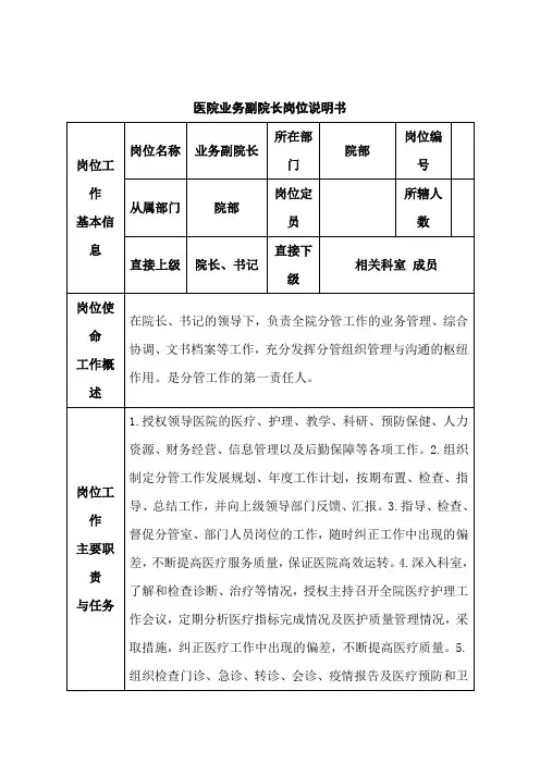 医院业务副院长岗位说明书