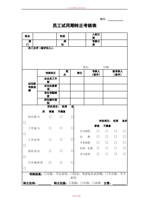 员工试用期转正考核表
