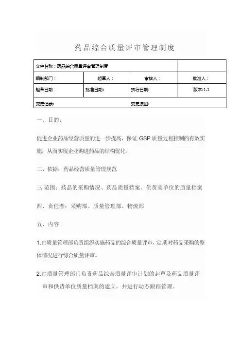 药品综合质量评审管理制度