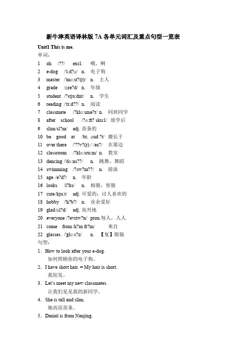 新牛津英语译林版7A各单元词汇及重点句型一览表
