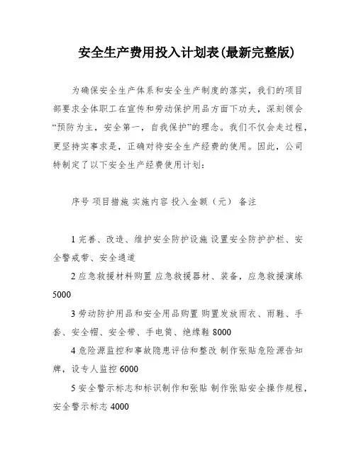 安全生产费用投入计划表(最新完整版)