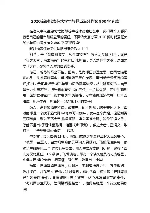 2020新时代责任大学生与担当满分作文800字5篇