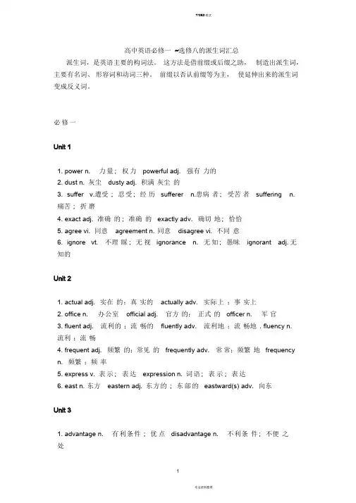 高中英语必修一~选修八的派生词汇总