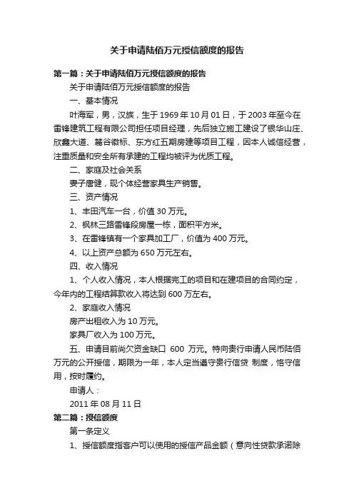 关于申请陆佰万元授信额度的报告