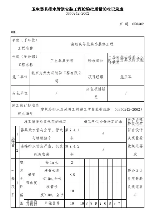 卫生器具排水管道安装工程检验批质量验收记录表