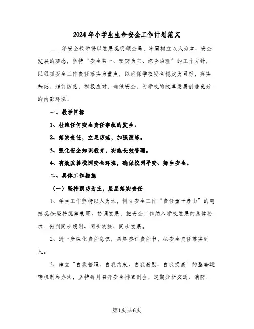 2024年小学生生命安全工作计划范文(三篇)