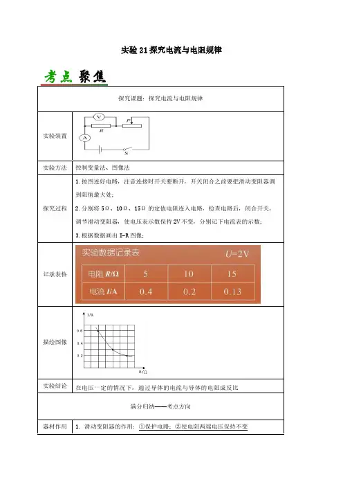 中考物理必考实验精解精练专题实验21探究电流与电阻规律含解析