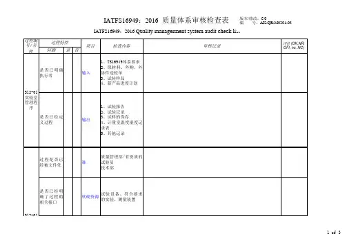 IATF 16949：2016 质量体系审核检查表