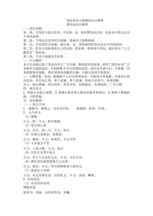 邹忌讽齐王纳谏知识点整理及课内外对比阅读(含答案)