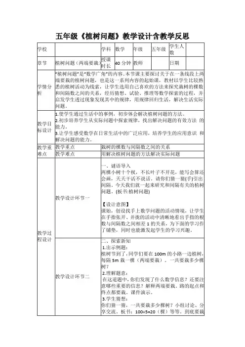五年级《植树问题》教学设计含教学反思