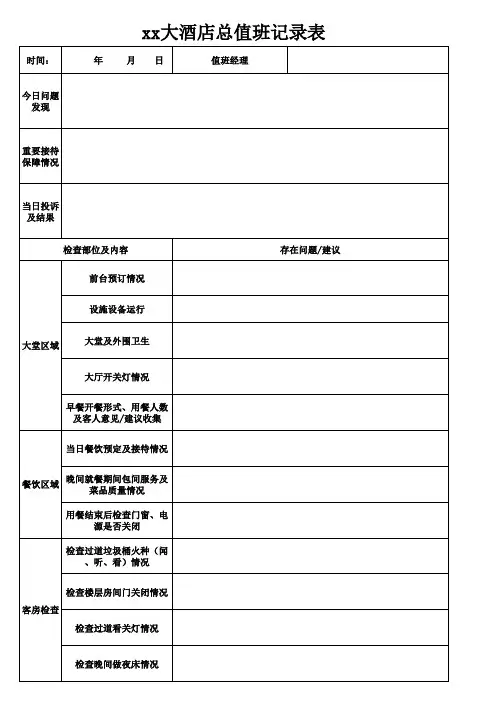 酒店总值班记录表