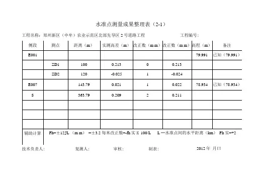 水准点测量成果表