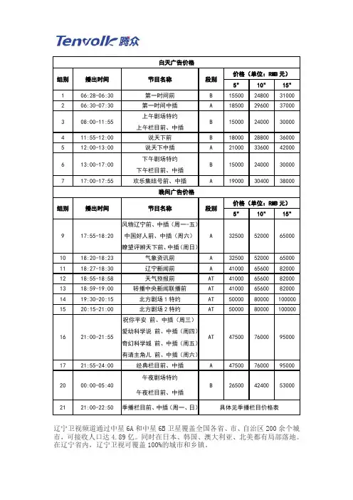 辽宁卫视广告价格及辽宁电视台广告投放价格表