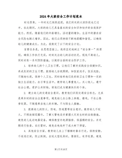 2024年大班安全工作计划范本（五篇）