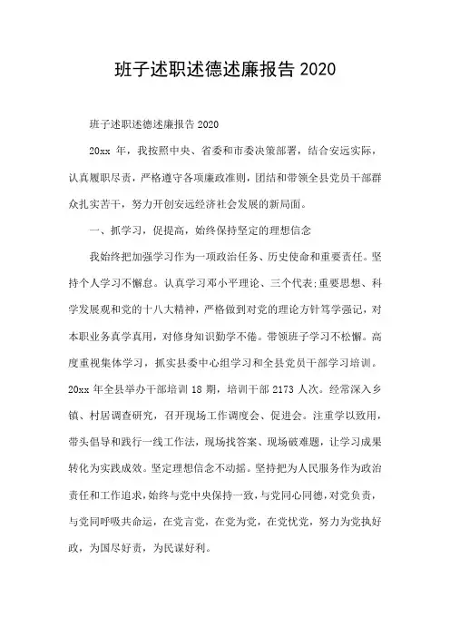 班子述职述德述廉报告2020