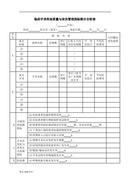 临床手术科室质量与安全管理指标统计分析表