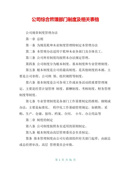 公司综合管理部门制度及相关表格