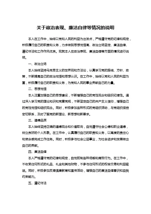 政治表现、廉洁自律等情况的说明