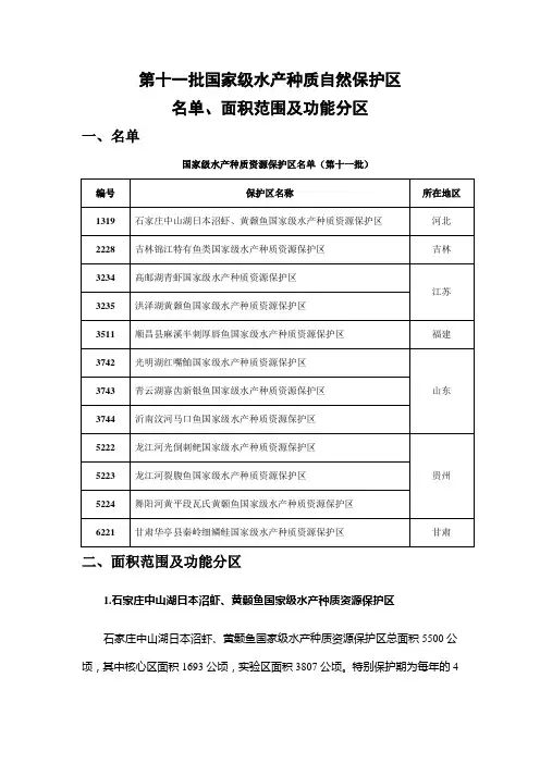 第十一批国家级水产种质自然保护区名单、面积范围及功能分区