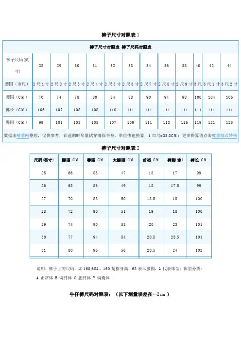衣服尺寸